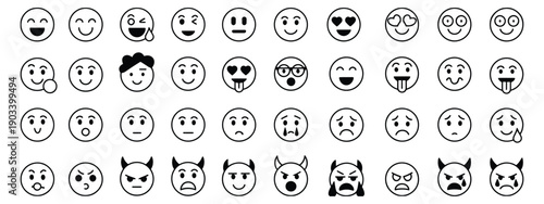 Feedback Emoticons Emojis smiley icons set in trendy flat style, happy, neutral, sad faces, customer satisfaction rating scale, transparent vector illustration.