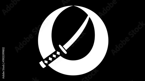 A white katana is placed over a white shape. The background is solid black