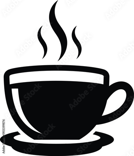 Simple black and white illustration of a steaming hot cup of coffee