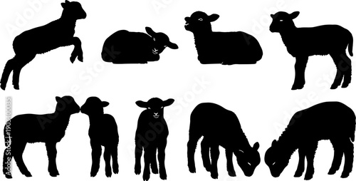Collection of black silhouette images of goats and sheep in various poses