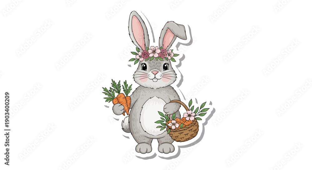 Fototapeta premium A cute grey bunny wearing a flower crown holds carrots and a basket of flowers.