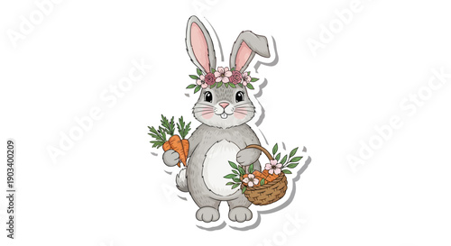 A cute grey bunny wearing a flower crown holds carrots and a basket of flowers.