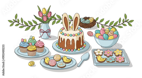 A delightful spread of Easter treats including a cake, cupcakes, cookies, and colorful eggs.