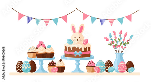 Easter celebration spread featuring a bunny cake, cupcakes, decorative eggs, and pussy willow.
