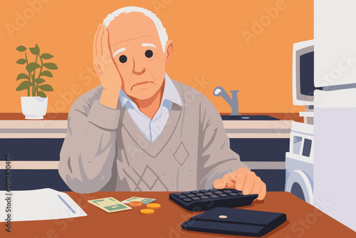 Elderly man feeling stressed while managing financial bills and debt at home.
