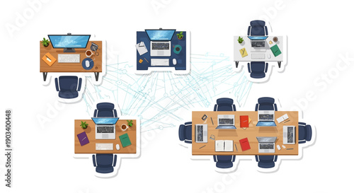 Modern office workstations and meeting table arranged to show connectivity and collaboration.