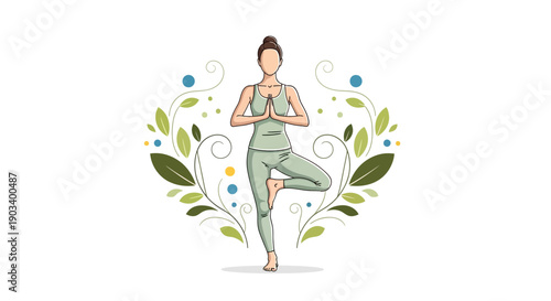 Woman performing tree pose in yoga surrounded by decorative green leaves and blue dots.