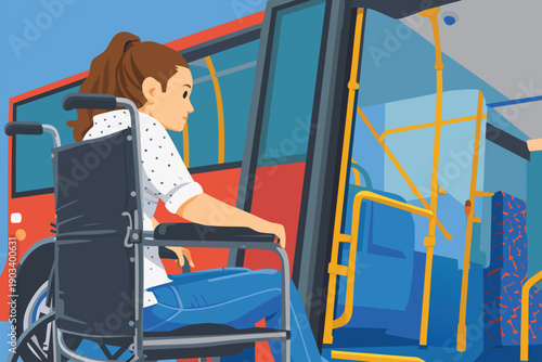 Disabled woman in a wheelchair boarding a public bus.