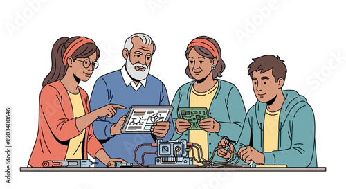 A multi generational family works together on a technology project, learning and collaborating.