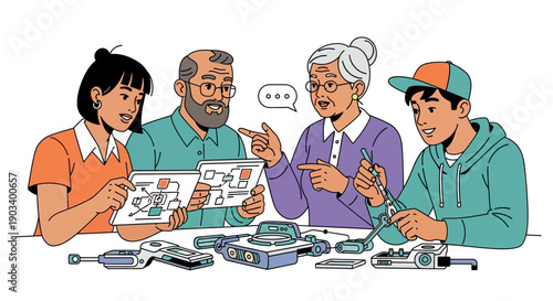 Intergenerational family members collaborate on a technical project, studying diagrams and.