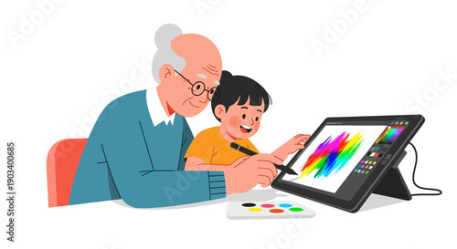 Grandfather and grandchild enjoy digital art creation together on a tablet with colorful strokes.