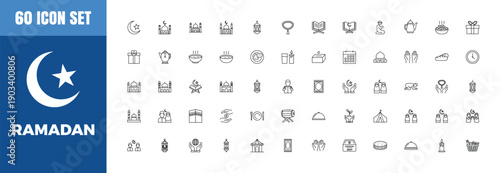 Ramadan icon set with sixty thin line vector symbols for islamic holiday celebration design