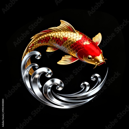 Elegant golden red koi fish gracefully swims over silver waves on a black background. This symbolic design represents prosperity, luck, and strength, ideal for cultural themes and modern projects.
