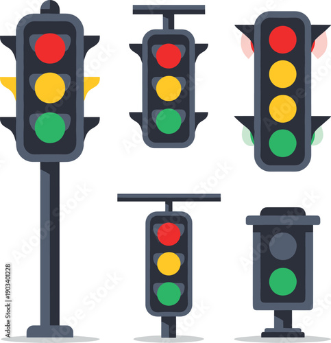 Traffic light signals set with street semaphore poles and red yellow green signal illustration