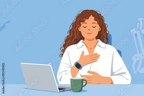 Young woman practicing deep breathing exercise while working at laptop.
