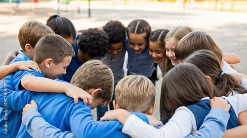 A diverse group of happy elementary school children standing in a circle with arms around each other, showing friendship and teamwork on a sunny playground.