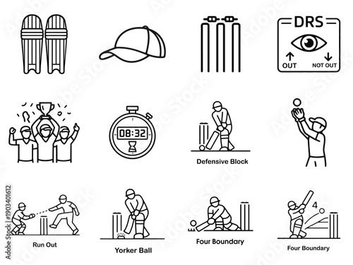 Cricket Line Icons Set DRS Decision, Defensive Block, Yorker Ball, Run Out, Four Boundary and Equipment Outline Vector
