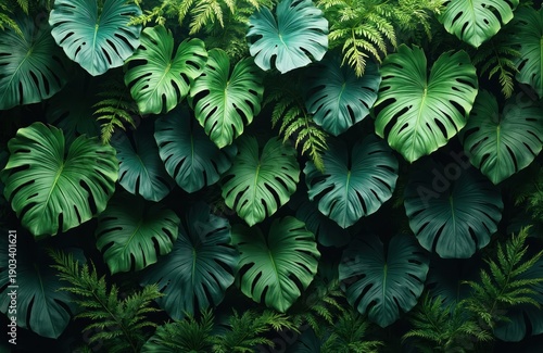 Monstera leaves and ferns create rich green pattern. Tropical jungle foliage fills frame. Deep shadows contrast with bright leaf surfaces. Natural organic backdrop texture.