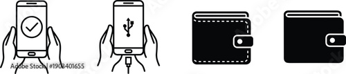 Mobile wallet and smartphone payment icons set with charging connection secure digital finance symbols vector illustration design