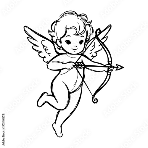 Dibujo sencillo con líneas de cupido con arco y flecha para tarjetas y felicitaciones de San Valentín 
