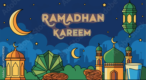 Muslim family having Iftar dinner. Ramadan Kareem