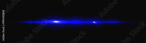 Neon blue light with laser beam flare and horizontal line speed for digital background. Bright streak with shine glow effect in black dark space overlay. Abstract vector motion ray strip