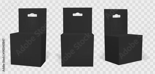 Black tab box. Carton hang package template for product mockup. 3d mock up with blank hanging cardboard packaging to display medicine or spa gift vector isolated. Realistic retail store wrap design.
