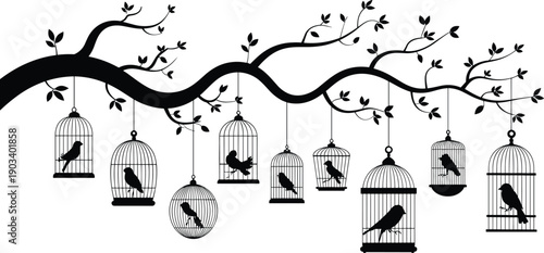 Bird cages hanging on tree branch silhouettes, avian wildlife illustration symbolizing freedom concept, decorative nature design, artistic graphic element