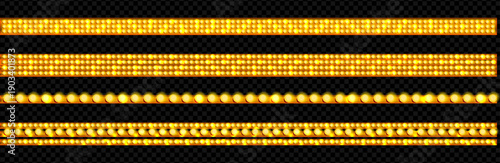 Gold light border. Marquee circus decoration with lamp. Theater string with bulb on transparent png background. Casino neon illumination frame for celebration backdrop. Glowing winter tape graphic.