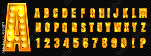 3d cinema alphabet with light. Marquee font with led bulb glow. Neon casino typography with bright illuminated lamp. Grand holiday burlesque letter for showtime design. Night pizza billboard graphic.