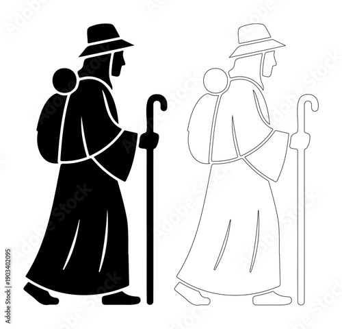Silhouette of a traveler with a backpack and walking stick on a journey