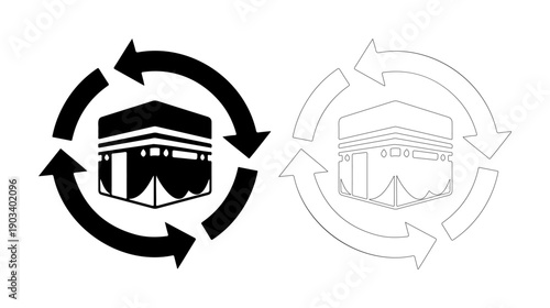 Iconic religious structure with circular arrows symbolizing pilgrimage or cyclical journey