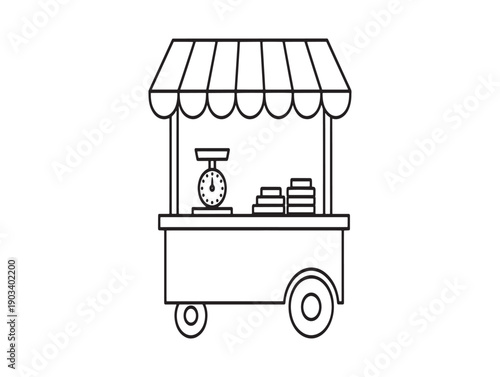 Simple line drawing of a food cart with awning and scales