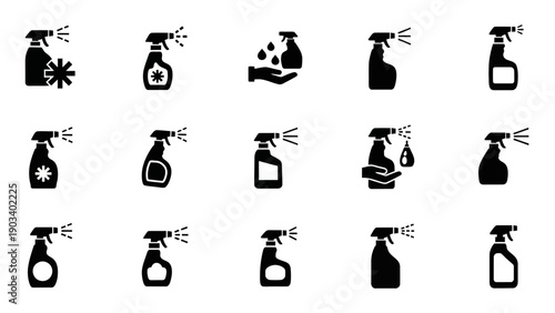 Spray bottle cleaning supply icons set.