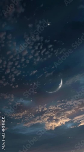 Crescent moon shining brightly among clouds and stars in a serene nighttime sky viewed from below