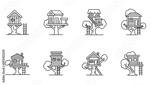Treehouses with various designs and features.