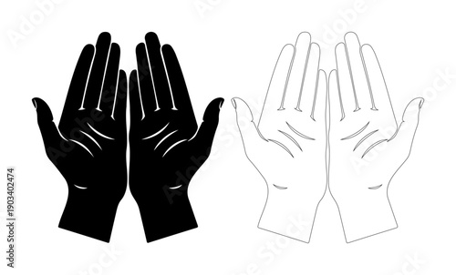 Open hands, one black silhouette and one white outline, reaching upwards in prayer or supplication.