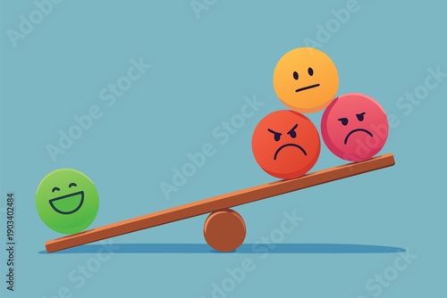 Balance between a single happy face and multiple negative emotion spheres on a seesaw.