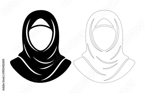 Symbolic representation of a woman wearing a hijab, presented in both solid black and outline styles.