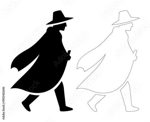 Mysterious figure in a hat and long coat walking confidently
