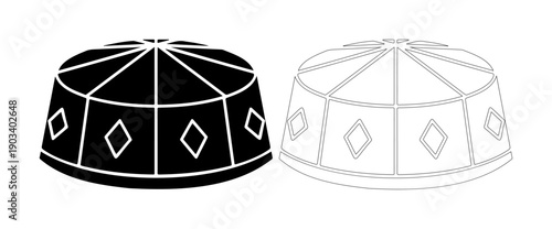 Traditional kufi hat in black and white outline for cultural representation