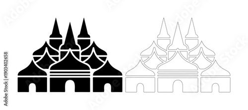 Artistic silhouette of a traditional wooden building with multiple spires and arches