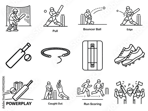 Cricket Line Icons Set Pull Shot, Bouncer Ball, Edge, Powerplay, Run Scoring and Cricket Equipment Outline Vector