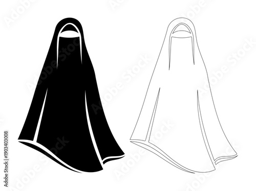 Traditional Islamic veil, niqab, in solid black and outline styles