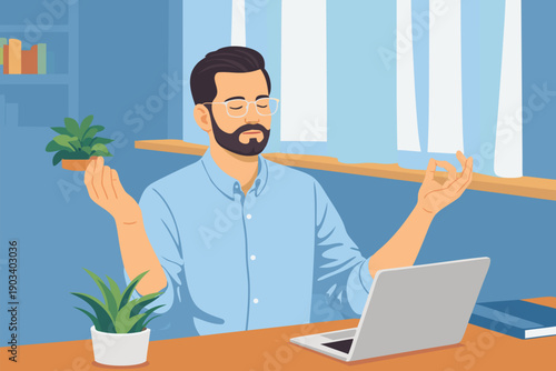 Man juggling a small plant and objects while working at a laptop in his office.
