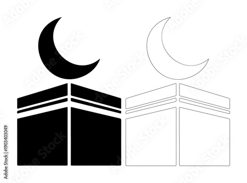 Iconic Islamic symbols of Kaaba and crescent moon, representing faith and pilgrimage.