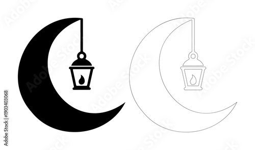 Crescent moon with a lantern hanging, symbolizing nighttime and celebration