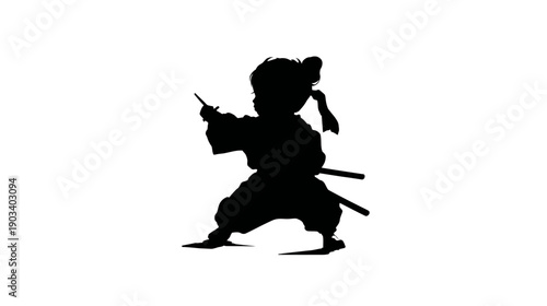 A silhouette of a child, wielding a sword, in a fighting stance