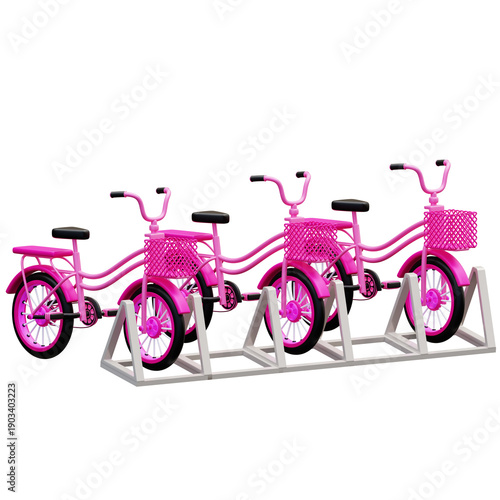 3d icon city park illustration bicycles bike rack pink sharing rental, suitable for urban mobility, public transport, leisure activities, or sustainable travel designs