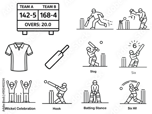 Cricket Line Icons Set Scoreboard, Batting Shots, Six Hit, Wicket Celebration and Match Equipment Outline Vector Illustration